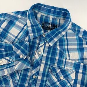 Reclaim Button Down Shirt Mens L Blue Plaid Western Athletic Fit Snap Front